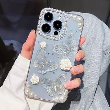Модный чехол с 3D бантом и жемчугом, розами и цветами для iPhone 11, 12, 13, 14, 15 Pro Max X XR XS Max, мягкая прозрачная противоударная задняя крышка с блестками For iPhone X