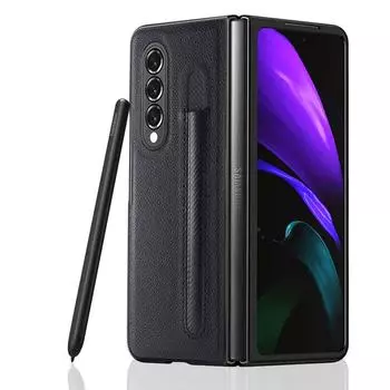 Модный чехол с отделением для ручки личи для Samsung Galaxy Z Fold 4 3 Pu + ПК с кожаным рисунком, антидетонационные роскошные чехлы для Fold3 F9260 fold 3 синий
