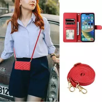 Модный длинный кожаный флип-чехол для телефона с ремешком для iPhone 15 Pro Max 15 Plus 14 13 12 11 X XS XR SE 8 7, мягкий чехол из ТПУ с картой-кошельком For iPhone 15 красный