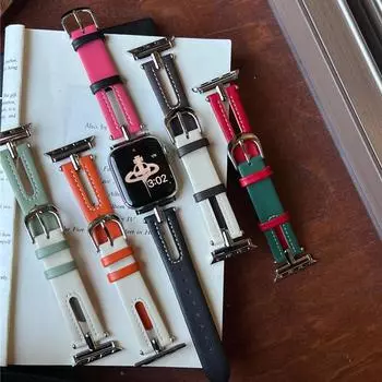 Модный кожаный ремешок в Т-образном стиле для Apple Watch Series 9, 8, 7, 6, 5, 4, 3, 2, 1, ремешок с пряжкой Se для браслета IWatch Ultra 2, 49 мм, 40 мм, 44 мм 41, 45 мм 38 40 41mm синий/белый