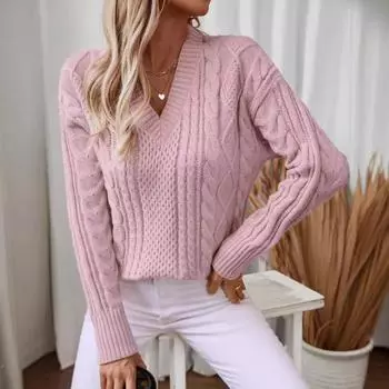 Модный меховой воротник с V-образным вырезом, европейский красивый женский вязаный свитер 2024 года, осень и зима, новый ретро-скрученный женский свитер S розовый