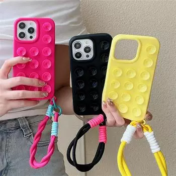 Модный милый чехол-присоска из жидкого силикона с ремешком на запястье для iPhone 15 14 11 12 13 Pro Max Plus, однотонный чехол For iPhone 15 розовый