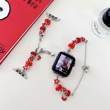 Модный ремешок с красным цветком для Apple Watch 9, 8, 7, 6, 5, 41 мм, 45 мм, браслет из нержавеющей стали для часов iWatch Ultra 2, 49, 38, 42 мм, ремешок 38 40 41mm красный