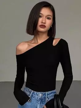 Модный женский боди с открытыми плечами и длинными рукавами, женский сексуальный боди для женщин, бюстье, женский топ с длинными рукавами S чёрный