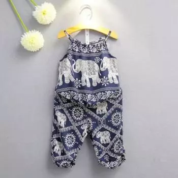 Модный жилет со слоном для маленьких девочек + брюки, летняя одежда, комплект из 2 предметов, костюм, одежда 2-3 Years синий