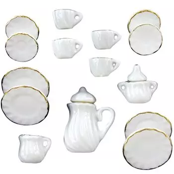 moin moin miniature scale dollhouse tableware 15 piece set pottery plate plate accessory decoration interior simple white gold line rim cutlery pot