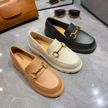 Мокасины Ji British Style Retro ПВХ с одной педалью, маленькая золотая пряжка, круглая головка, толстая подошва, сумка-туфля 36 светло-коричневого