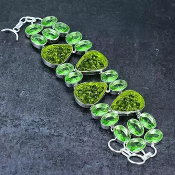 Moldavite Quartz, Tsavorite Gemstone 925 Sterling Silver Bracelet 7-8 d8j72