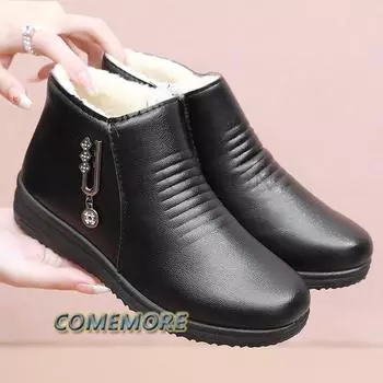 Mom Shoes Elderly Cotton Soft Soled Short Boots Women s Plush Insulation Flat Bottomed Low Heeled Round Toe Snow Boots Autumn PU 35 чёрный