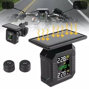 Монитор давления в шинах мотоцикла на солнечной батарее TPMS, предупреждение о температуре, экономия топлива M10 с часами, 2 внешних интеллектуальных датчика Black