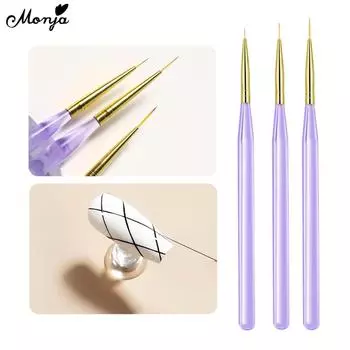 Monja 3Pcs/Set 6/9/11mm Nail Art Liner Brushes Purple Drawing Painting Flower Line French Stripe Lines Brushes DIY Manicure Tools фиолетовый