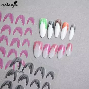 Monja 5D Embossed Nail Stickers French Styles Colorful Skirt Hemline Decals Relief Holographic Self Adhesive Nail Sliders DIY Manicure Decorations