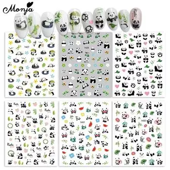 Monja Cute 3D Panda Nail Stickers Spring Summer Blossom Tulip Moon Star Bamboo Decals Adhesive Sliders Manicure Decorations DIY