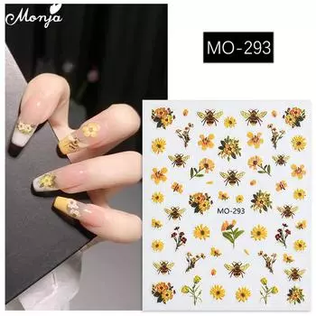 Наклейки для ногтей Monja 5D с тиснением, желтые цветы, пчелы, рельефные самоклеящиеся слайдеры, гравировка, маникюр, художественный дизайн, украшения, аксессуары