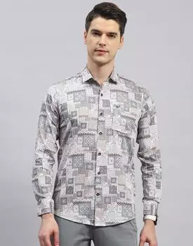 Monte Carlo Mens Brown Printed Collared Neck Full Sleeve Slim Fit Shirt 3XL