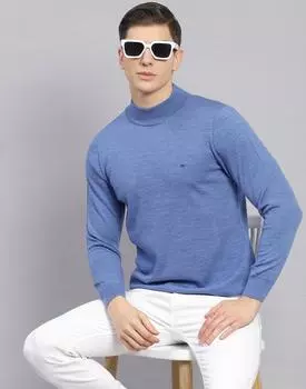 Monte Carlo Mens Solid Blue Turtle Neck Full Sleeve Pullover 2XL
