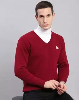 Monte Carlo Mens Solid Maroon V Neck Full Sleeve Pullover 2XL