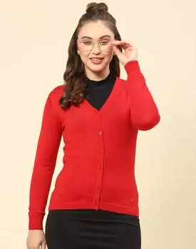 Monte Carlo Womens Red Solid V Neck Full Sleeve Cardigan M