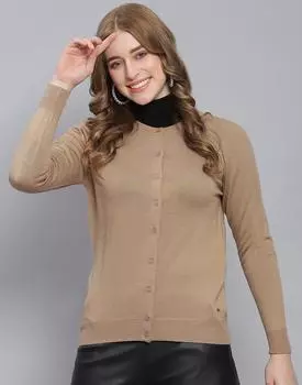 Monte Carlo Womens Solid Brown Round Neck Full Sleeve Cardigan 2XL