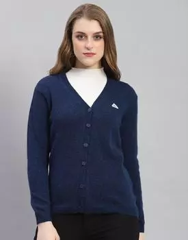 Monte Carlo Womens Solid Navy Blue V Neck Full Sleeve Cardigan XL
