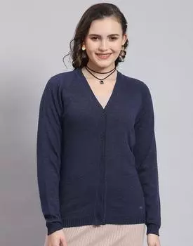 Monte Carlo Womens Solid Navy Blue V Neck Full Sleeve Cardigan S