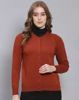 Monte Carlo Womens Solid Rust Round Neck Full Sleeve Cardigan L