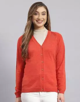 Monte Carlo Womens Solid Rust V Neck Full Sleeve Cardigan M