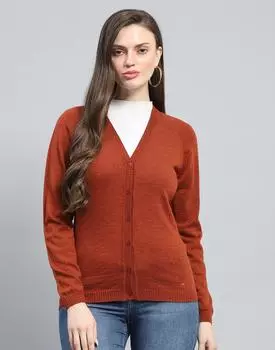 Monte Carlo Womens Solid Rust V Neck Full Sleeve Cardigan M