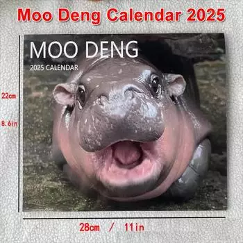 Календарь Moo Deng на 2025 год с креативным мультяшным орнаментом в виде бегемота, современный анимационный календарь на 50 страниц, медная бумага белый
