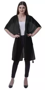 Moomaya Womens Georgette Shrug Open Front Long Sheer Cover с кисточками 2XL чёрный