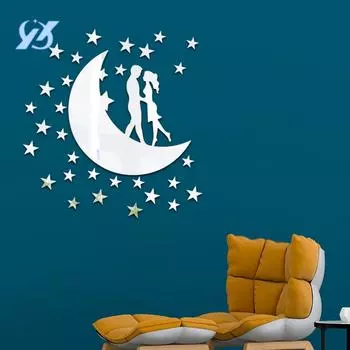 Moon Couple Acrylic Mirror Wall Sticker Living Room Bedroom Wall Self-Adhesive Decoration Bedroom