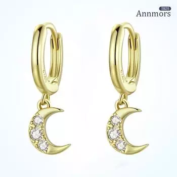 Moon Gold Korean Jewelry Hoop Earrings 925 Sterling Silver Classic Ear Piercing Gift Party Wedding Earrings Women Clear Zircon