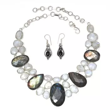 Moonstone Facited LabradoriteGemstone Jewelry Necklace &Earrings 18-20
