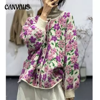 Mori Girl Sweet Heavy Jacquard Свитер Куртка Женская Весенняя Свободная Плюс Размер Ленивый Ветер Вязаный Кардиган One Size фиолетовый/розовый