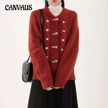 Mori Retro Cowl Button Cardigan Sweater Womens Осень-зима Свободная трикотажная куртка с вышивкой One Size красный