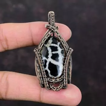 Moroccan Mud Crack Fossil Pendant Copper Wire Wrapped Jewelry Handmade Designer Pendant Gemstone Copper Jewelry Wire Wrap Pendant For Gifts
