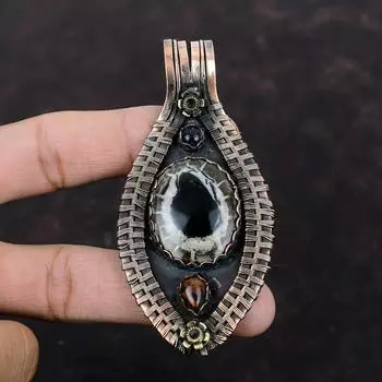 Moroccan Mud Crack Fossil Pendant Copper Wire Wrapped Gemstone Pendant Mahogany Obsidian & Blue Sunstone Pendant Handmade Brand New Pendant