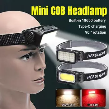 Мощный мини-фонарь COB с зарядкой типа C, супер яркий налобный фонарь 300 лм 18650, водонепроницаемый фонарь для кемпинга K351