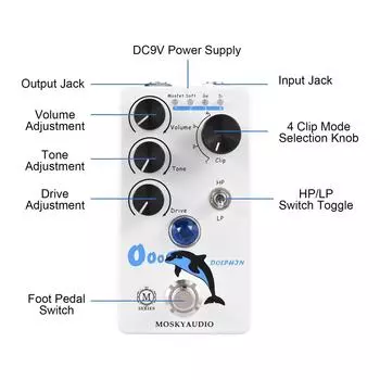 MOSKYAudio Distortion/Overdrive, гитарная педаль эффектов, 4 переключателя режимов, регуляторы громкости/тона/драйва белый