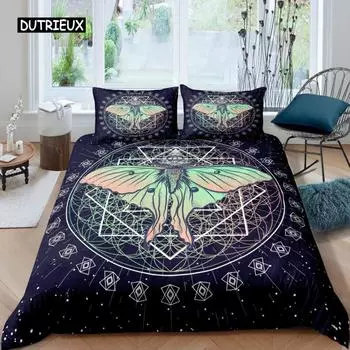 Moth Duvet Cover Set Butterfly Bedding Set Queen Size Geometric Comforter Cover Halloween Quilt Cover for Kids Boys Girls Teens 150x200cm 3pcs