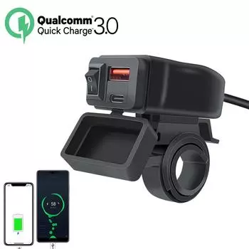 Motorcycle Charger PD+QC3.0 60W Moto Handlebar USB Charger Dual Port Fast Charge Power Socket With Switch Waterproof 12V