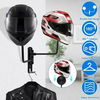 Motorcycle Helmet Rack 180° Rotating Wall Mounted Helmet Rack with Double Hook Bicycle Helmet Rack Display Rack Detachable