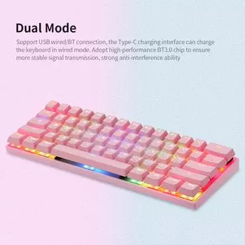 Motospeed CK62 61-клавишная механическая клавиатура с RGB-подсветкой USB-проводная игровая клавиатура с двойным режимом BT, розовая с OUTEMU Blue Switch розовый