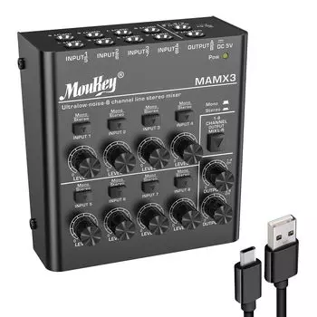 Moukey Audio Mixer USB DC 5V Ultra Low Noise Line Mixer for Submixing Small Mini Audio Mixer Suitable for Mixer MAMX3 (8 Channels)