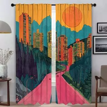 Mountain City Kitchen Curtains for Camera Modern Living Room Curtains 2 Pieces Blackout Curtain Halloween Decoration Shades Home W50xH70cmx2pcs-CL