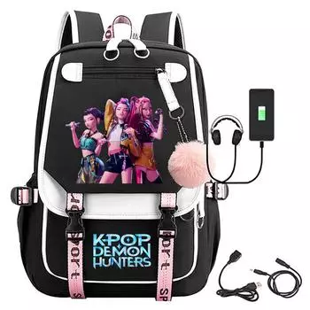 Movie Peripheral Print Backpack, School Bag Student Campus With Plush Ball Backpack With USB Port One Size