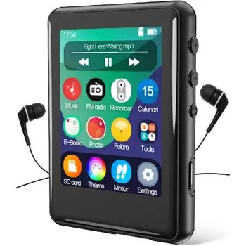 MP3-плеер, портативный MP3-плеер с сенсорным экраном и динамиком, FM-радио, электронная книга, встроенный слот для карты Micro SD, наушники в комплекте, макс. 256 ГБ. Развернуть