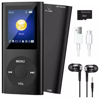 Mp3-плеер с Bluetooth 5.0, музыкальный плеер с картой TF 32 ГБ, FM, наушниками, портативный музыкальный плеер Hi-Fi чёрный