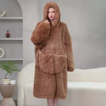 Мягкая теплая ночная рубашка с капюшоном из плотного кораллового флиса, женская одежда для сна на осень-зиму, свободное фланелевое домашнее платье, домашняя одежда, ночная рубашка, халат One Size