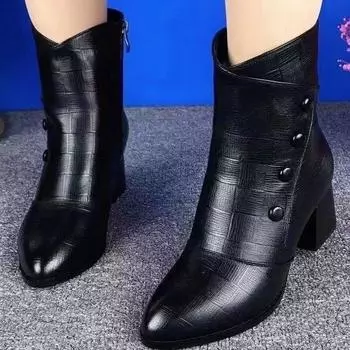 Мягкие кожаные хлопковые сапоги короткие женские зимние новые туфли на среднем каблуке средней длины из хлопка бархатные теплые модные универсальные женские сапоги на мягкой подошве 35